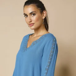 Tuniek met V-hals en macramé, lange mouwen, crepon