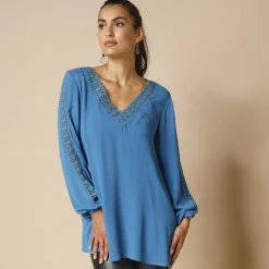 Tuniek met V-hals en macramé, lange mouwen, crepon