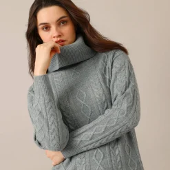 Tuniektrui in kabeltricot met rolkraag