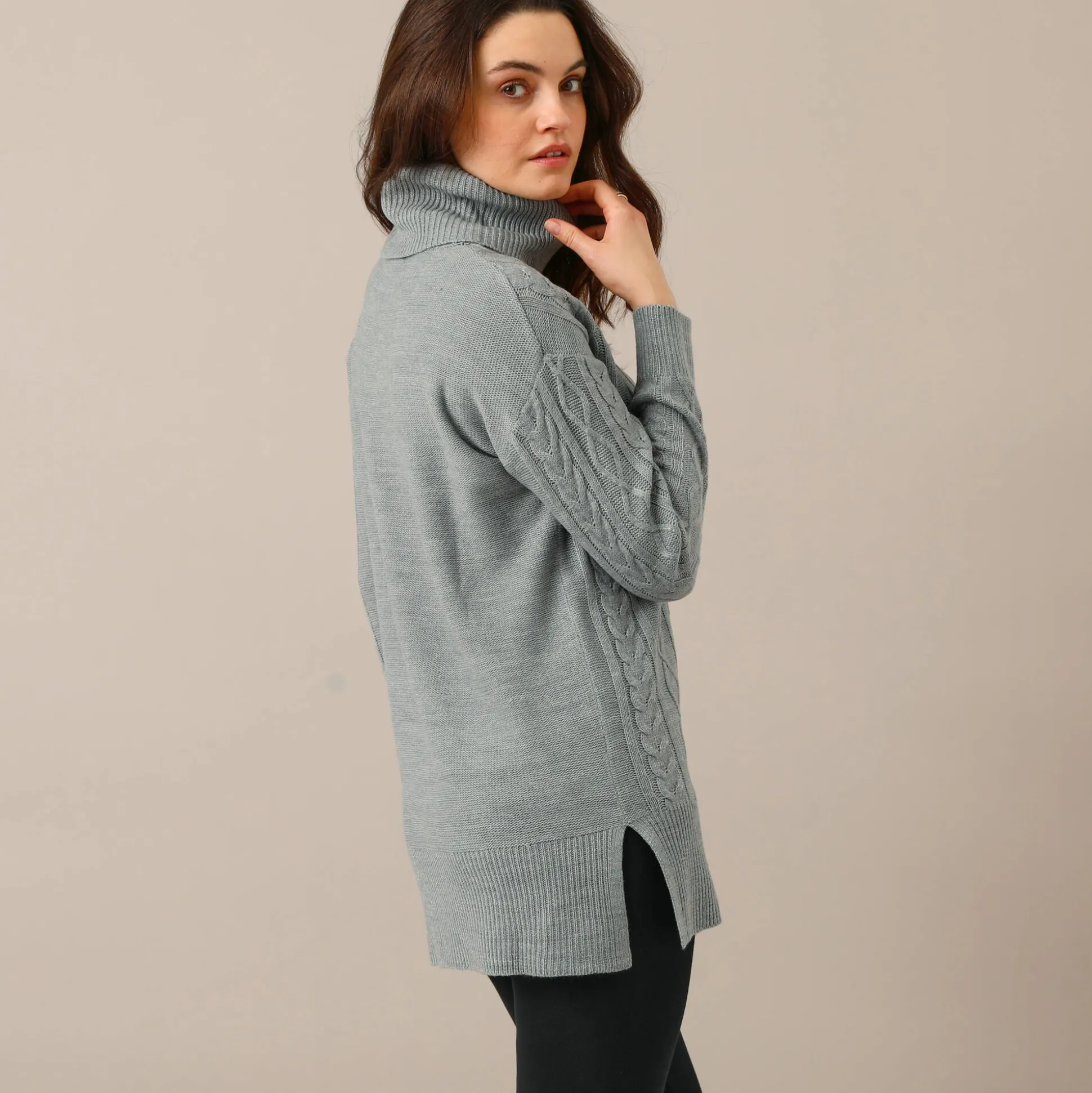 Tuniektrui in kabeltricot met rolkraag
