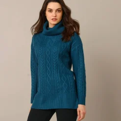 Tuniektrui in kabeltricot met rolkraag