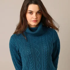 Tuniektrui in kabeltricot met rolkraag