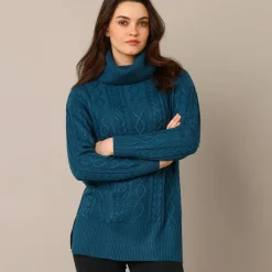 Tuniektrui in kabeltricot met rolkraag
