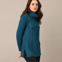 Tuniektrui in kabeltricot met rolkraag