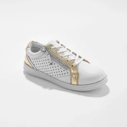 Tweekleurige sneakers in geperforeerd leer met rits