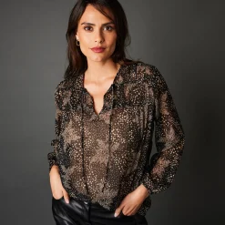 Tweekleurige, soepele bloes in voile met minimalistische print