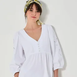 Uitlopende korte jurk, details in broderie anglaise