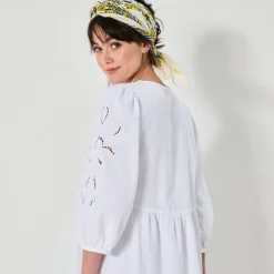 Uitlopende korte jurk, details in broderie anglaise
