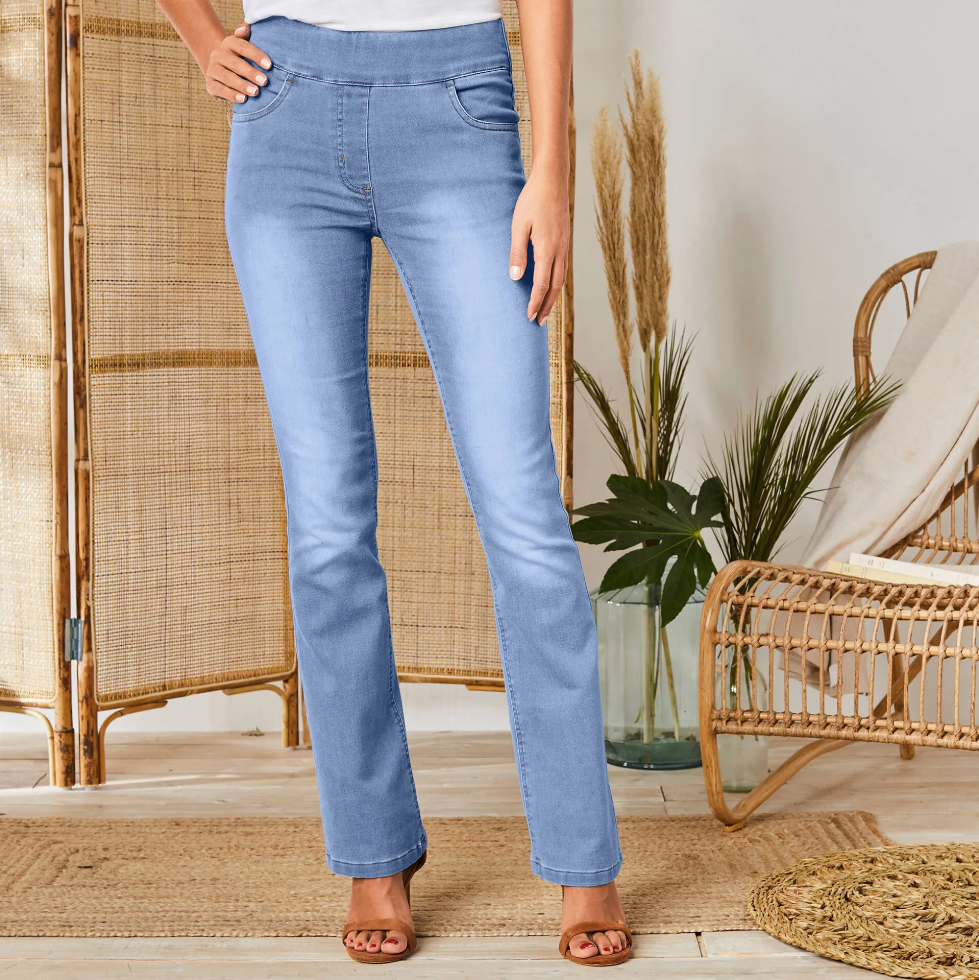 Ultrarekbare bootcut jeans, tricot met jeansaspect, grote lengte