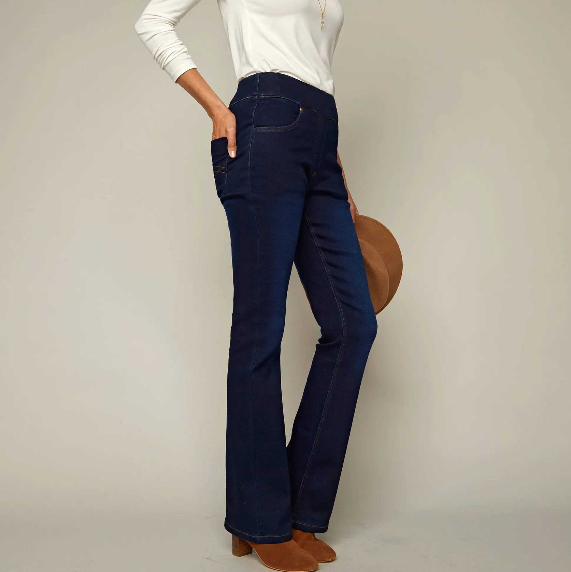 Ultrarekbare bootcut jeans, tricot met jeansaspect, grote lengte