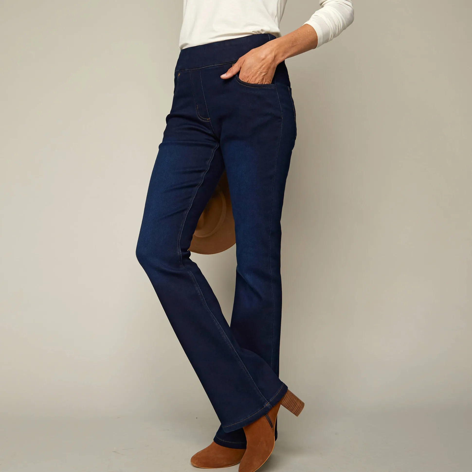 Ultrarekbare bootcut jeans, tricot met jeansaspect, grote lengte