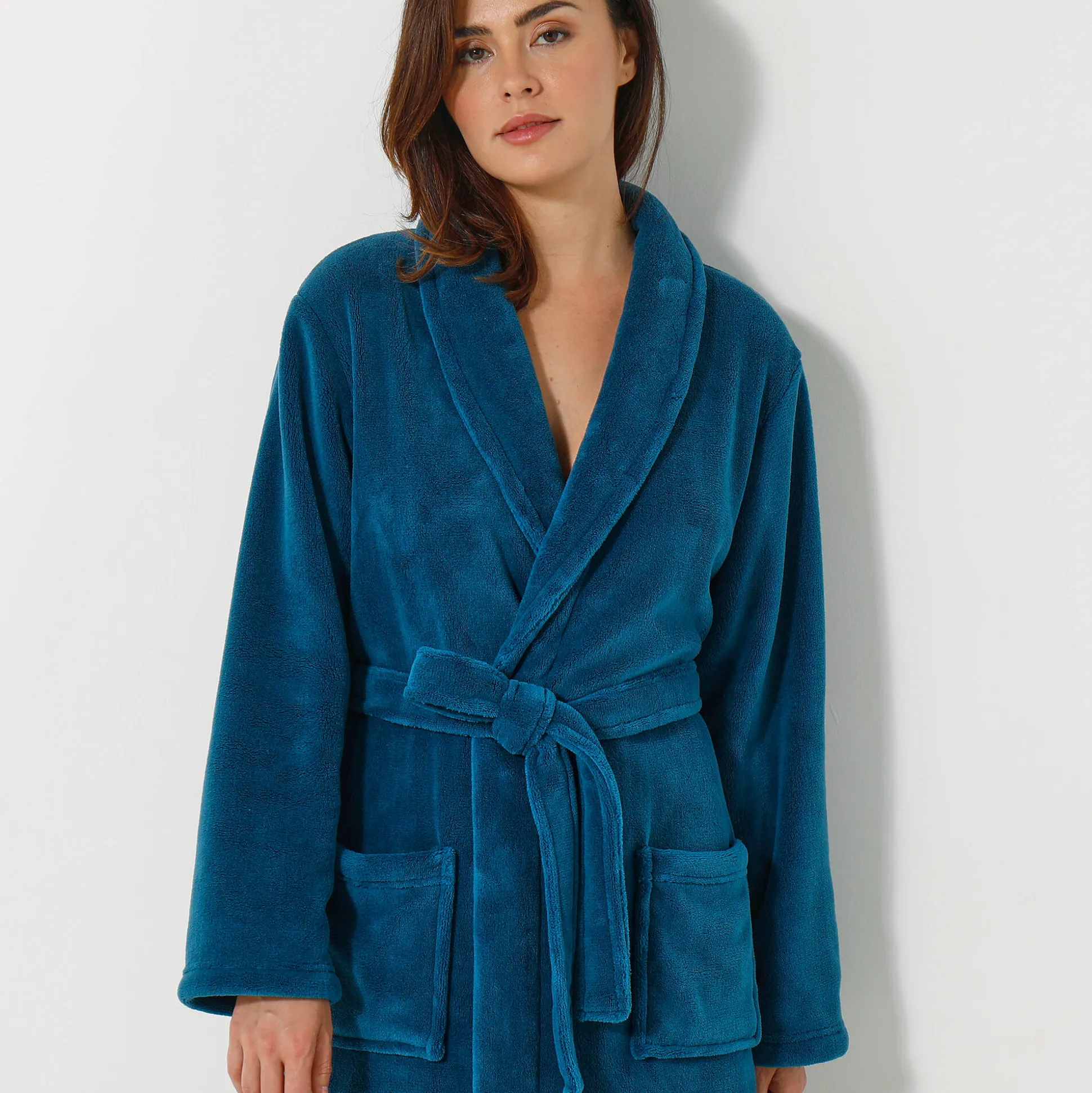 Unisex badjas, volwassenen, met sjaalkraag, microvezel met pluchetouch