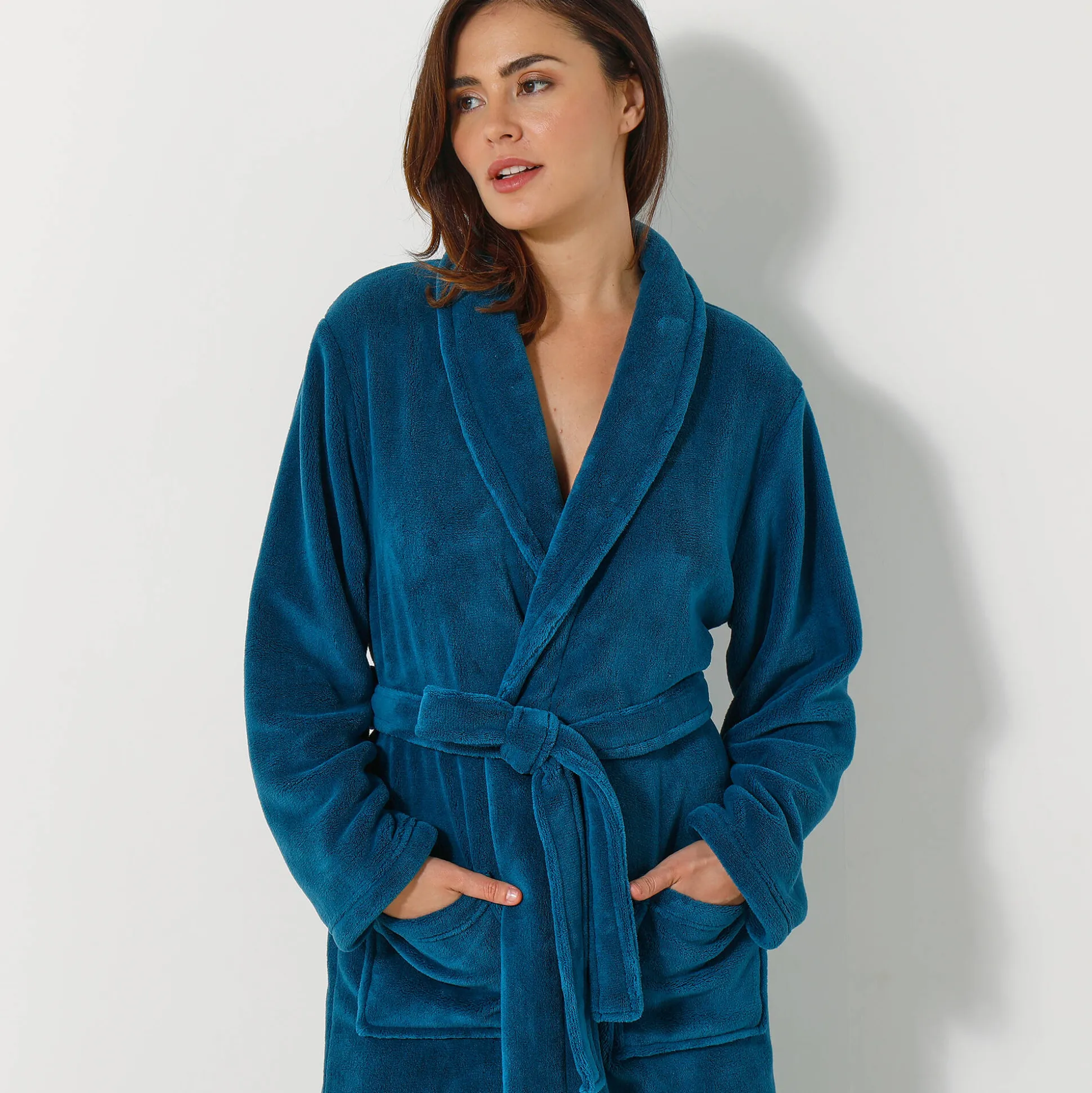 Unisex badjas, volwassenen, met sjaalkraag, microvezel met pluchetouch