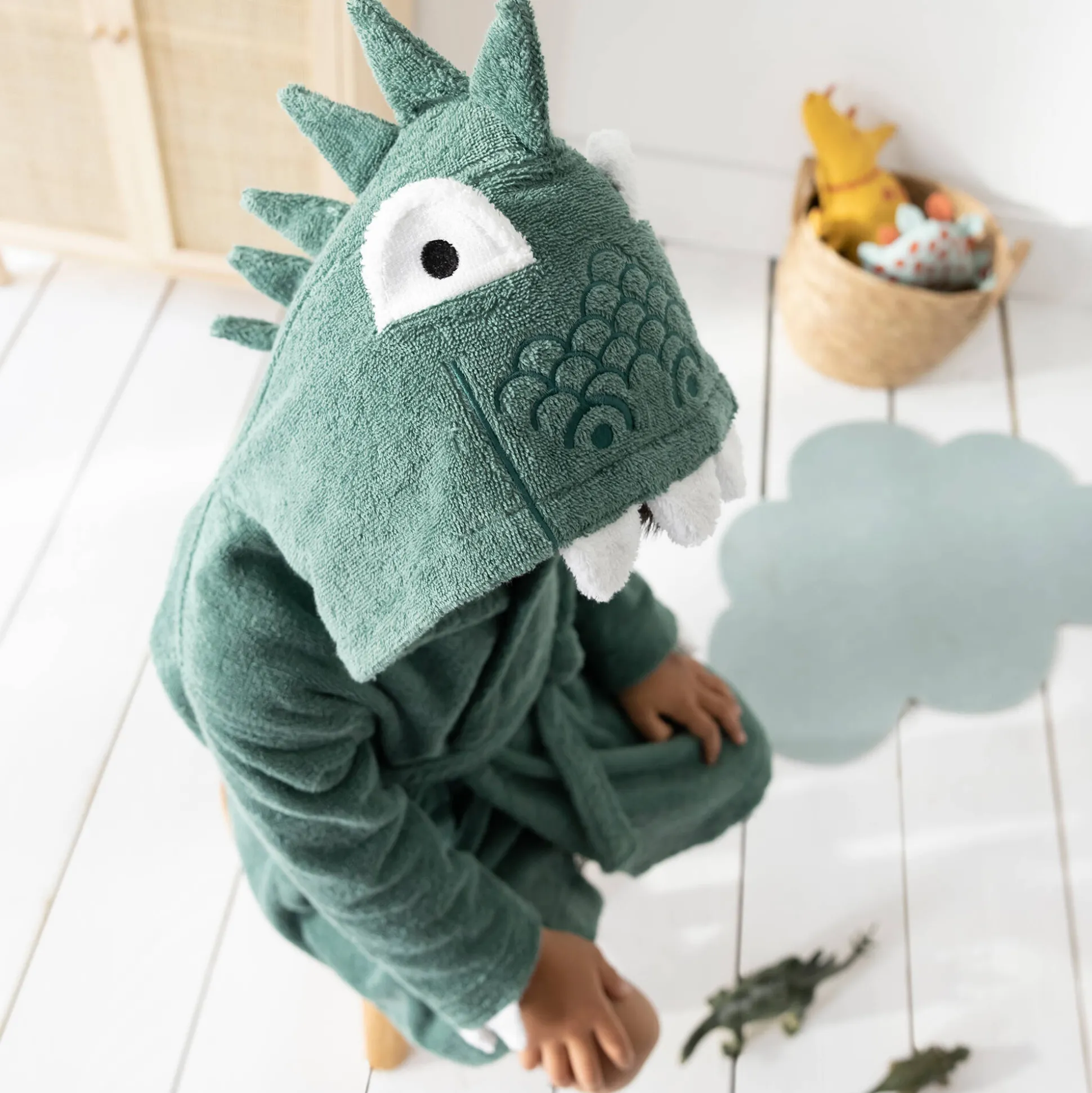 Vermommingsbadjas voor kinderen, dinosaurus, katoenen badstof - 340 g/m2