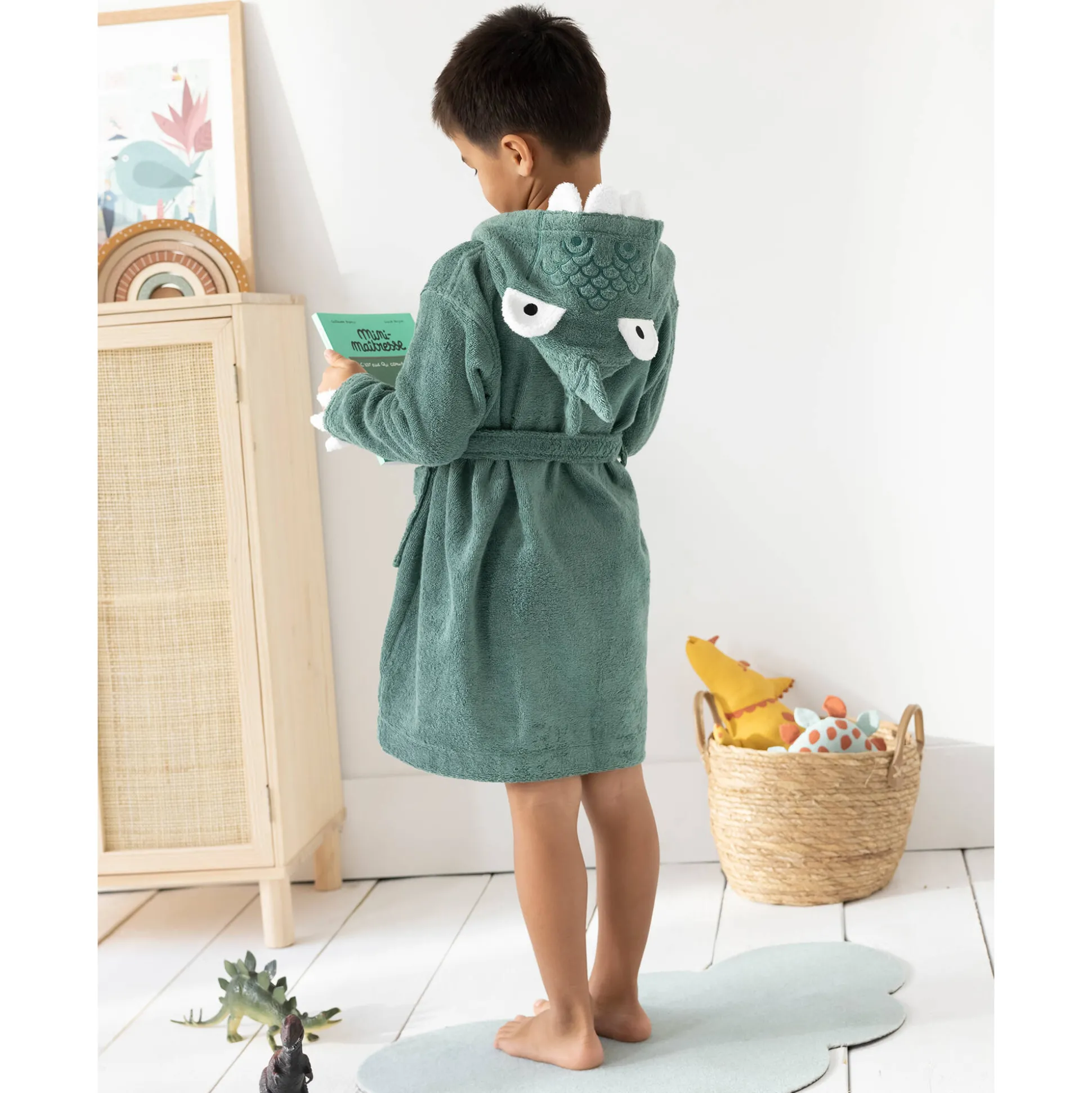 Vermommingsbadjas voor kinderen, dinosaurus, katoenen badstof - 340 g/m2