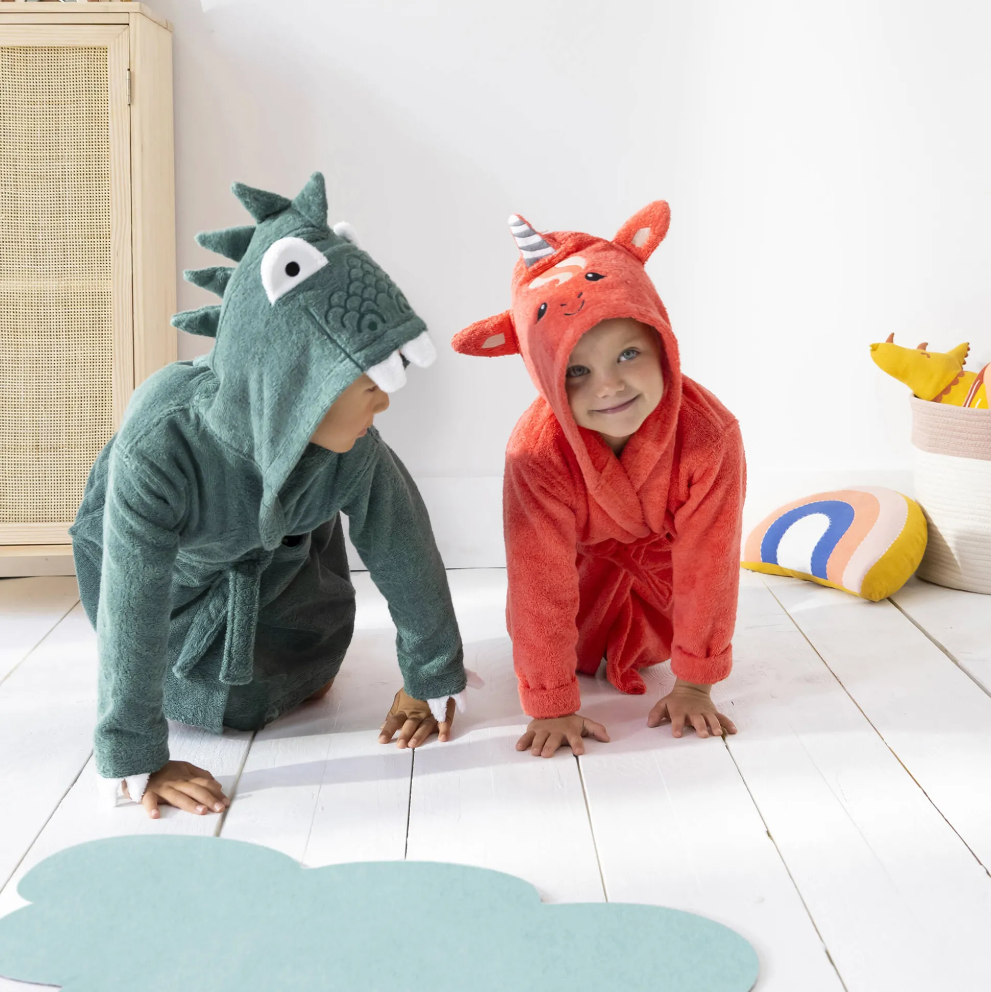 Vermommingsbadjas voor kinderen, dinosaurus, katoenen badstof - 340 g/m2