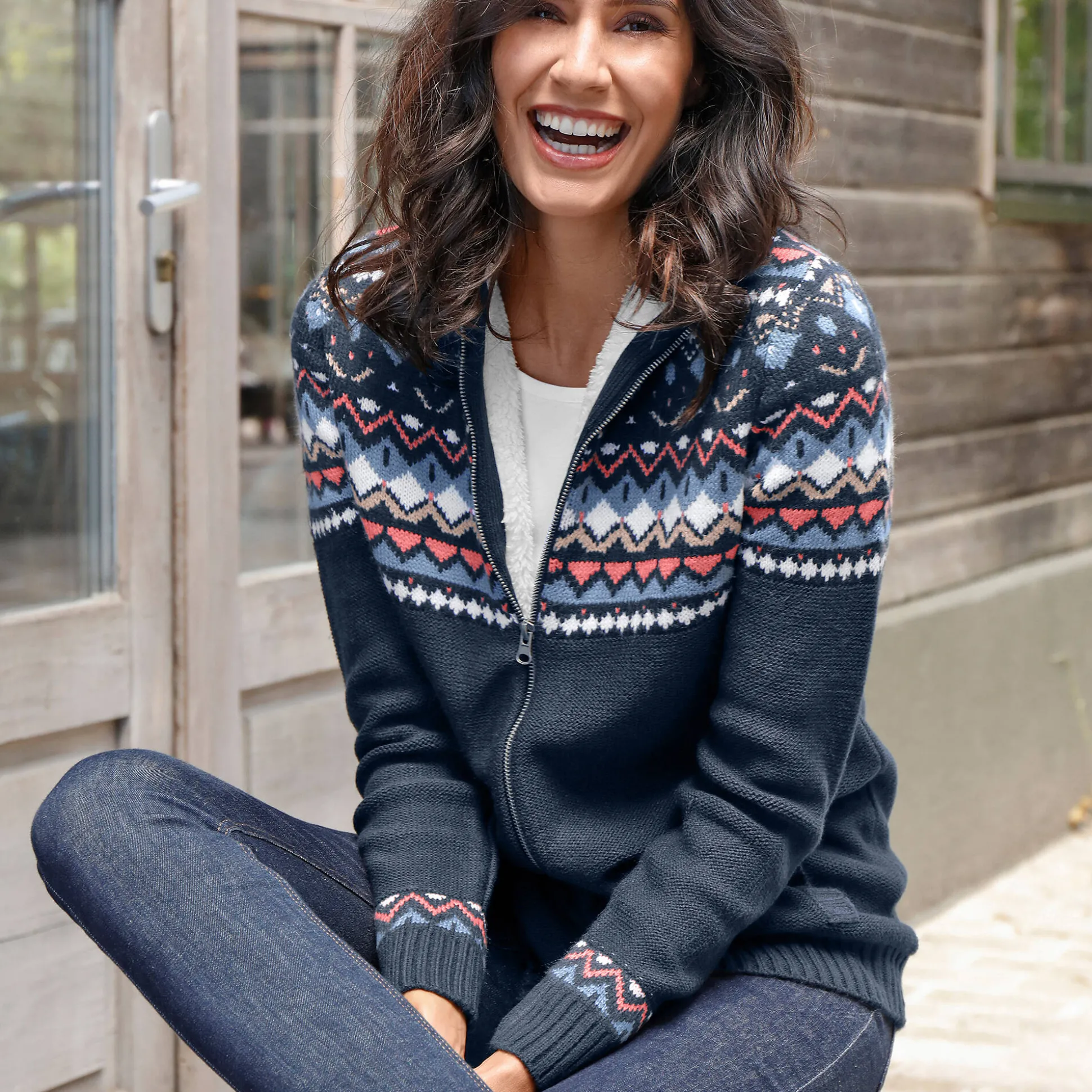 Vest in jacquard, gevoerd met pluchetricot