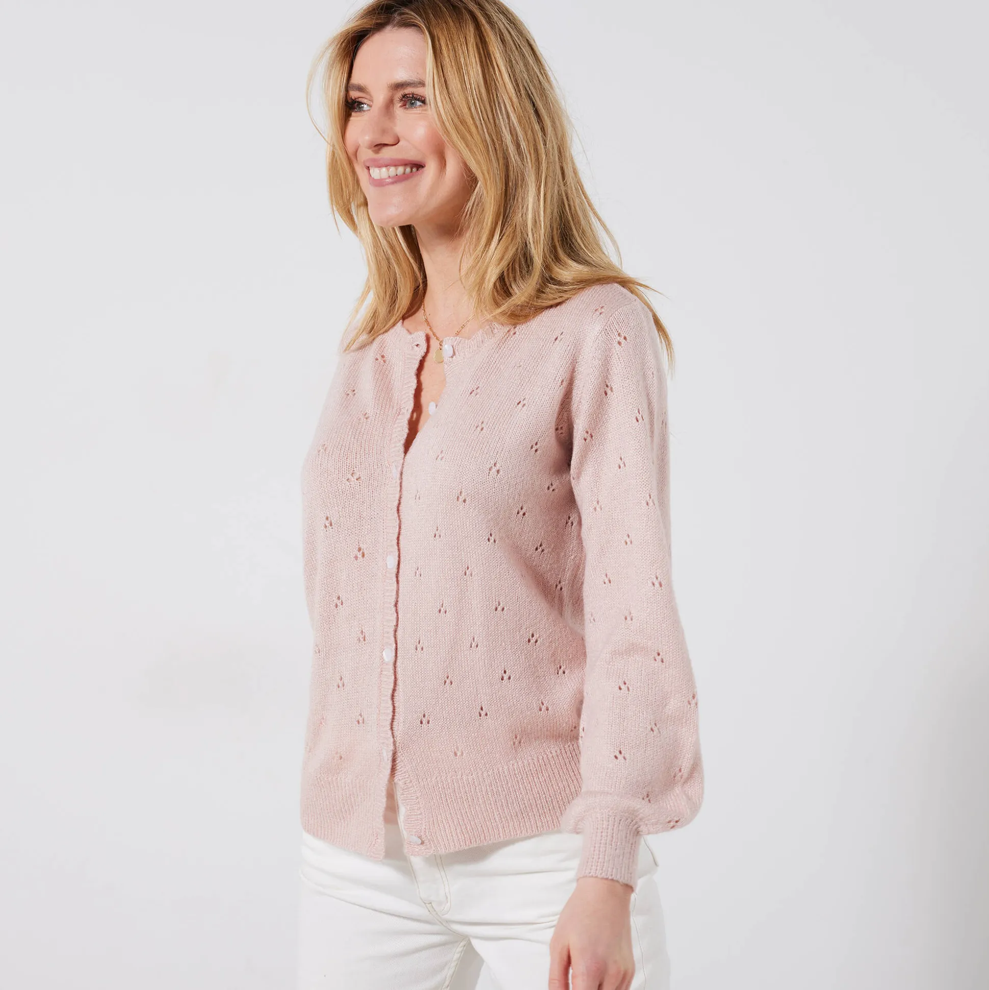Vest met knoopsluiting en geschulpte afwerking, pointelletricot met mohairtouch