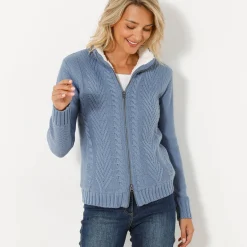 Vest met rits en kabelmotieven, gevoerd met pluchetricot