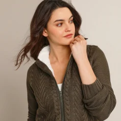 Vest met rits en kabelmotieven, gevoerd met pluchetricot