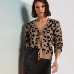 Vest met striklintjes, jacquard met luipaardmotief