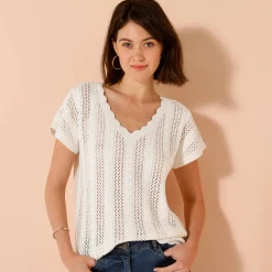 V-halstrui met korte mouwen, ajourtricot