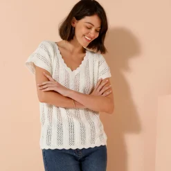 V-halstrui met korte mouwen, ajourtricot