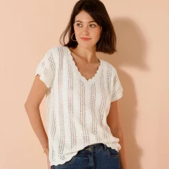 V-halstrui met korte mouwen, ajourtricot