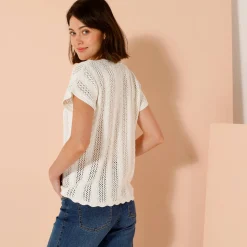 V-halstrui met korte mouwen, ajourtricot