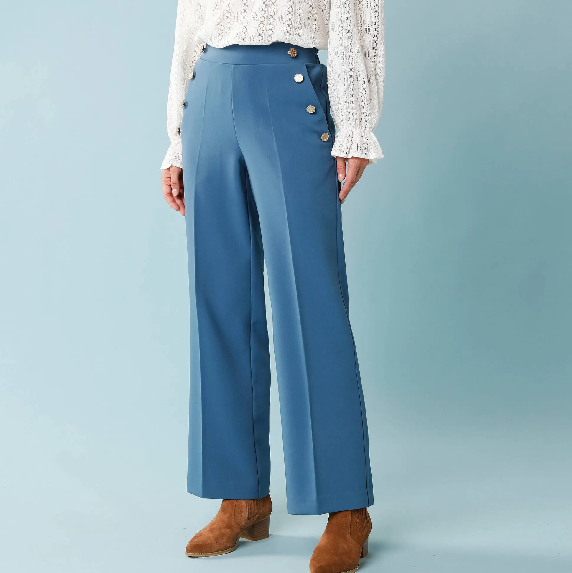 Wijde broek met hoge taille en knopen opzij, kleine lengtes