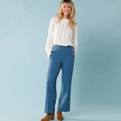 Wijde broek met hoge taille en knopen opzij, kleine lengtes