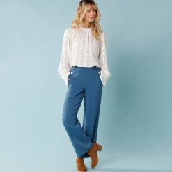Wijde broek met hoge taille en knopen opzij, kleine lengtes