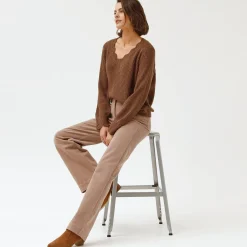 Wijde velours broek met hoge taille, gemiddelde lengte