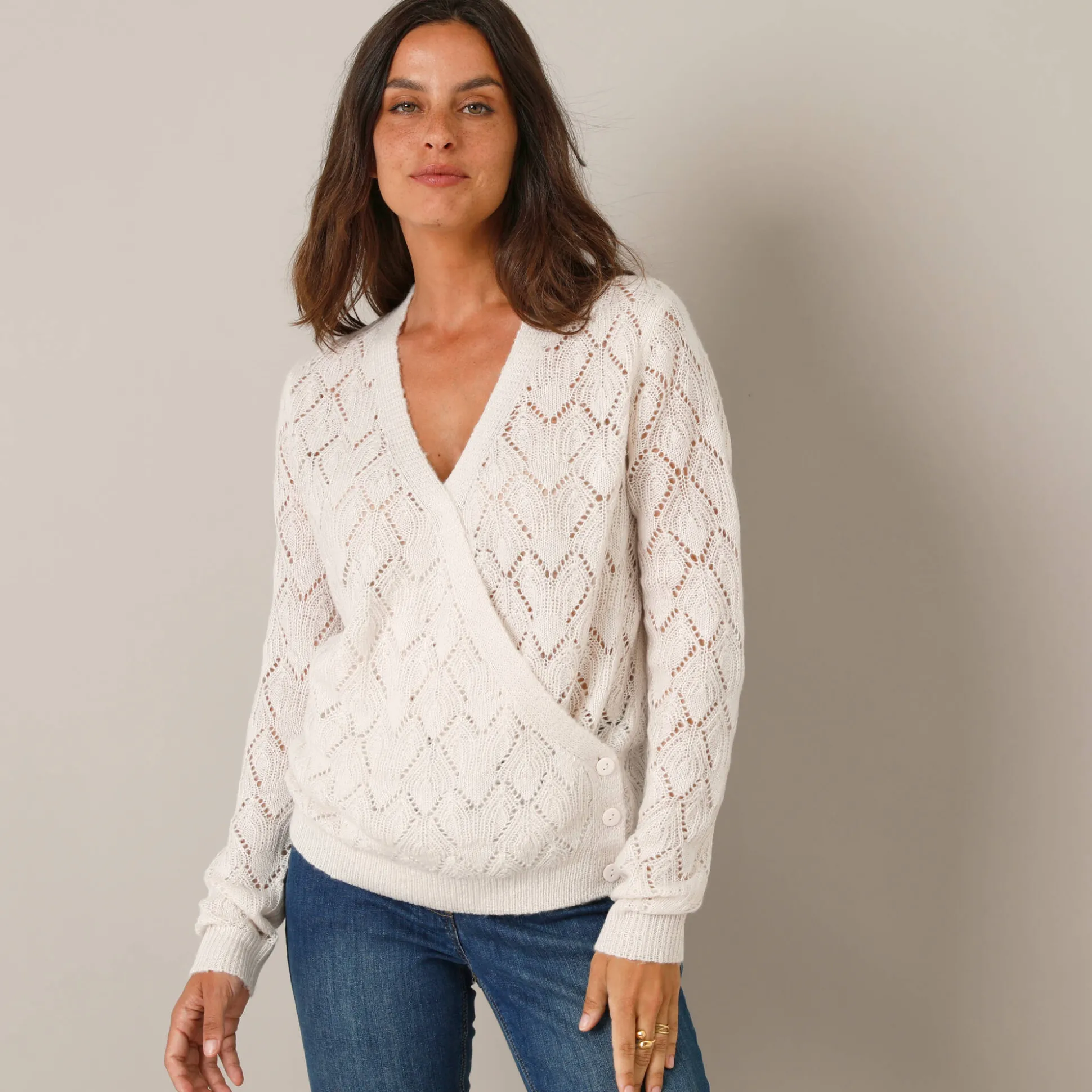 Wrap-overjasje, fantasiebreisel met zachte touch
