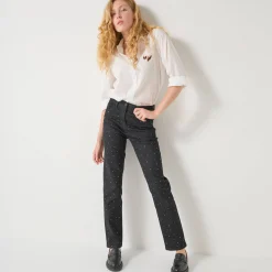 Zwarte, rechte jeans met hoge taille en strasjes