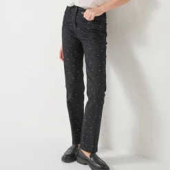 Zwarte, rechte jeans met hoge taille en strasjes